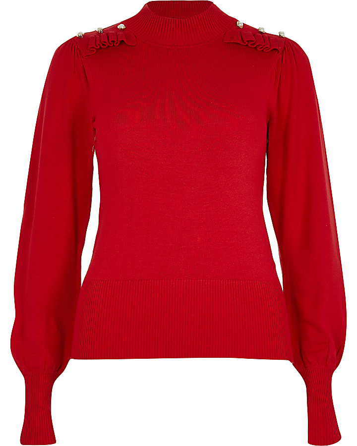 Red frill pearl button turtle neck top