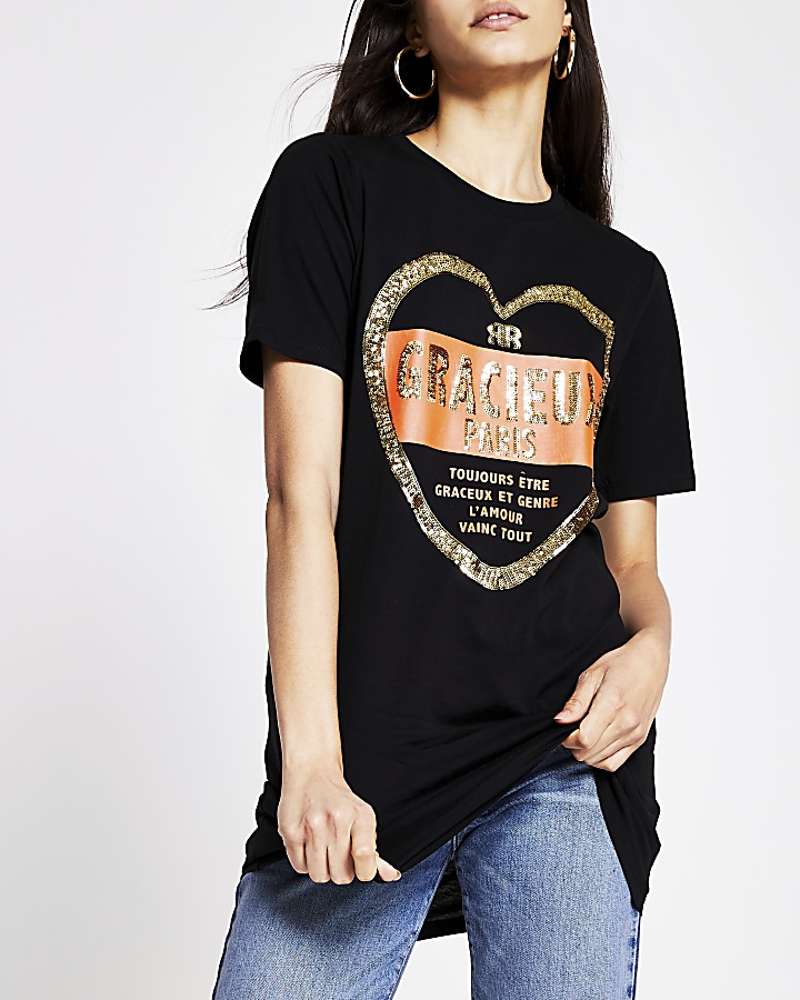 Black gracieux sequin heart Longline t-shirt