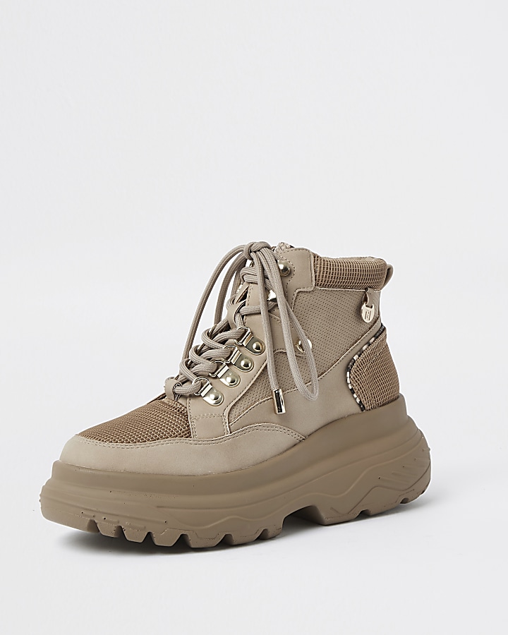 Beige lace up hiker ankle boots