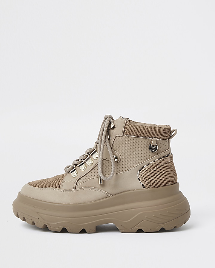 Beige lace up hiker ankle boots