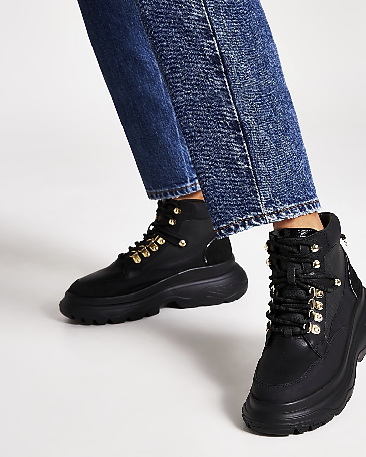 Black lace up hiker ankle boots