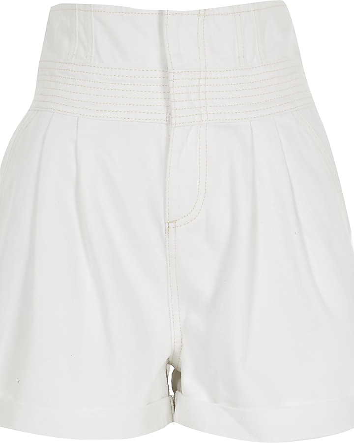 White paperbag belted denim shorts