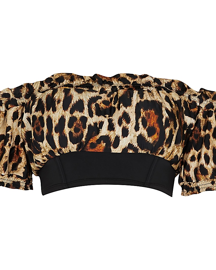 Black leopard ruched bardot bikini top