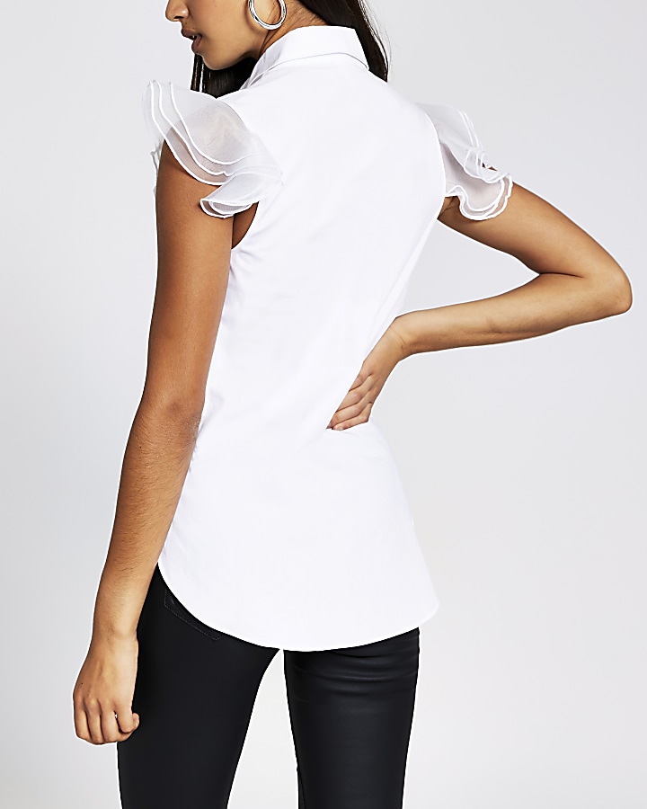 White sleeveless mesh frill detail shirt