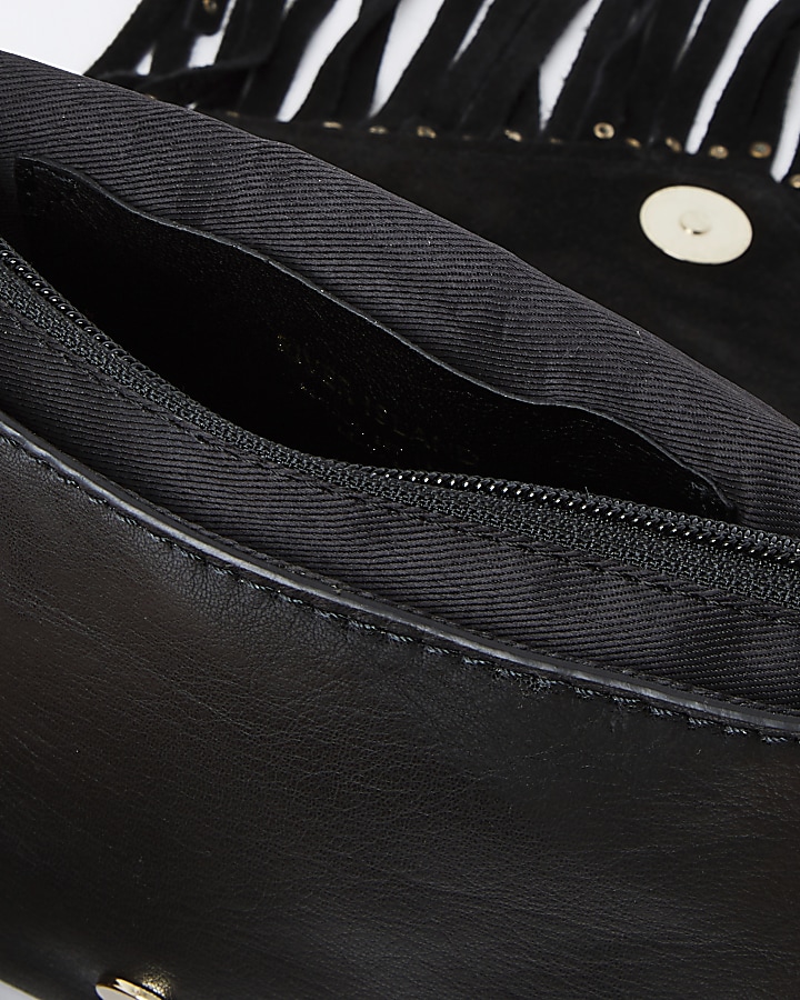 Black suede studded fringe detail handbag