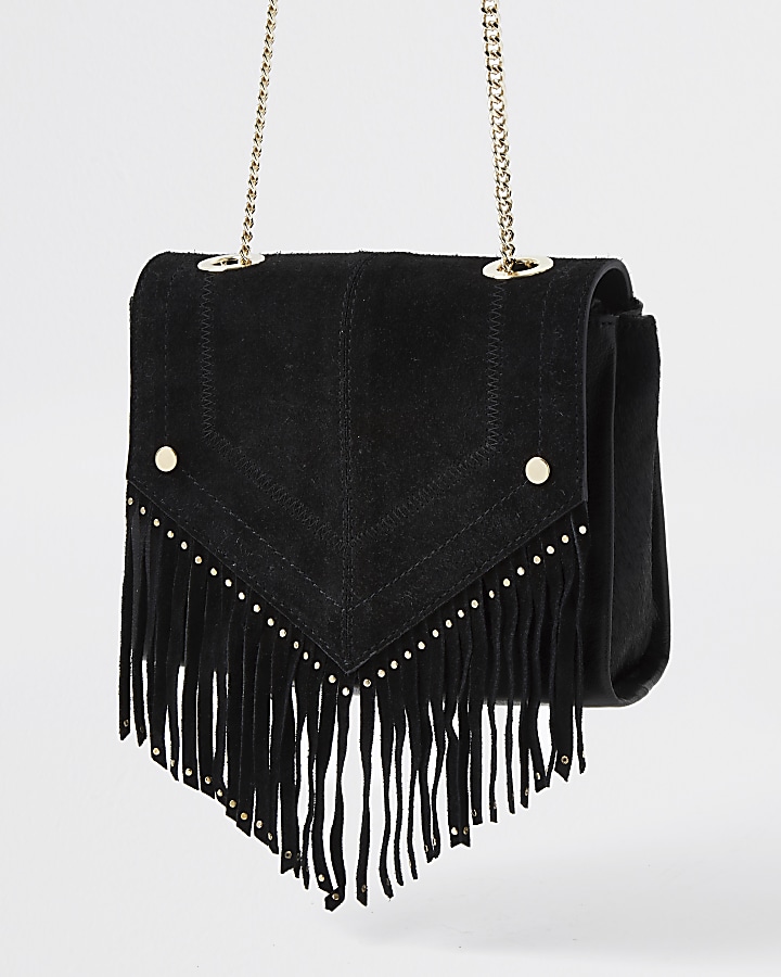 Black suede studded fringe detail handbag