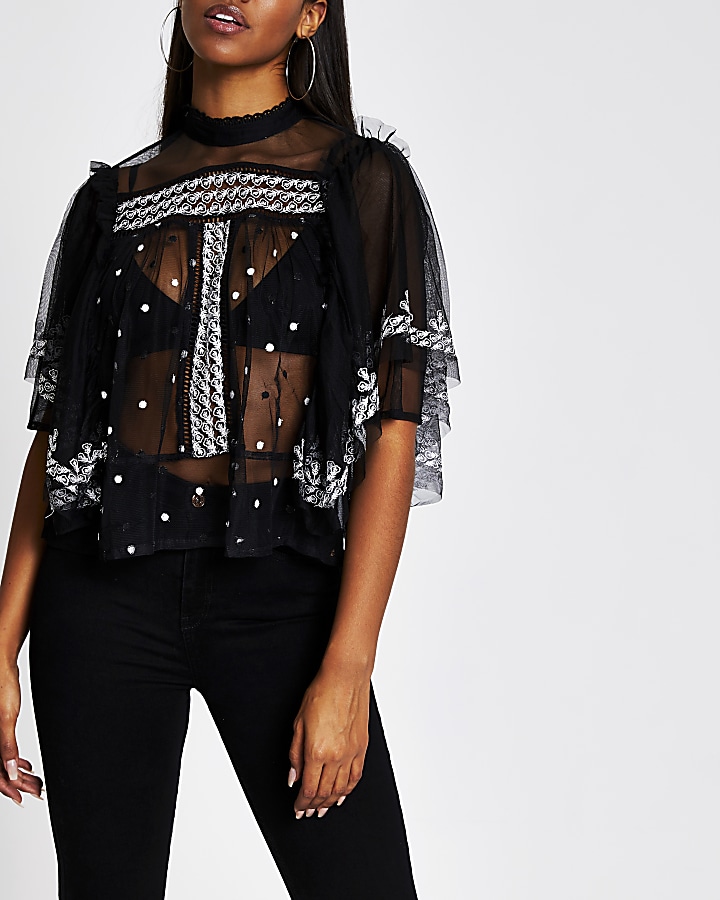 Black short frill sleeve embroidered top