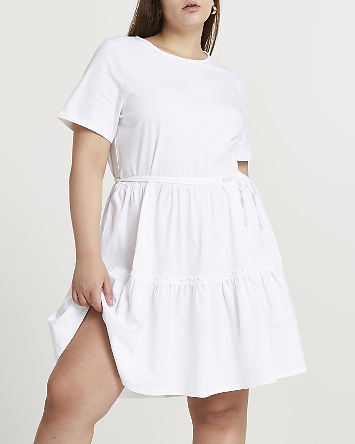 Plus white t-shirt tiered smock mini dress