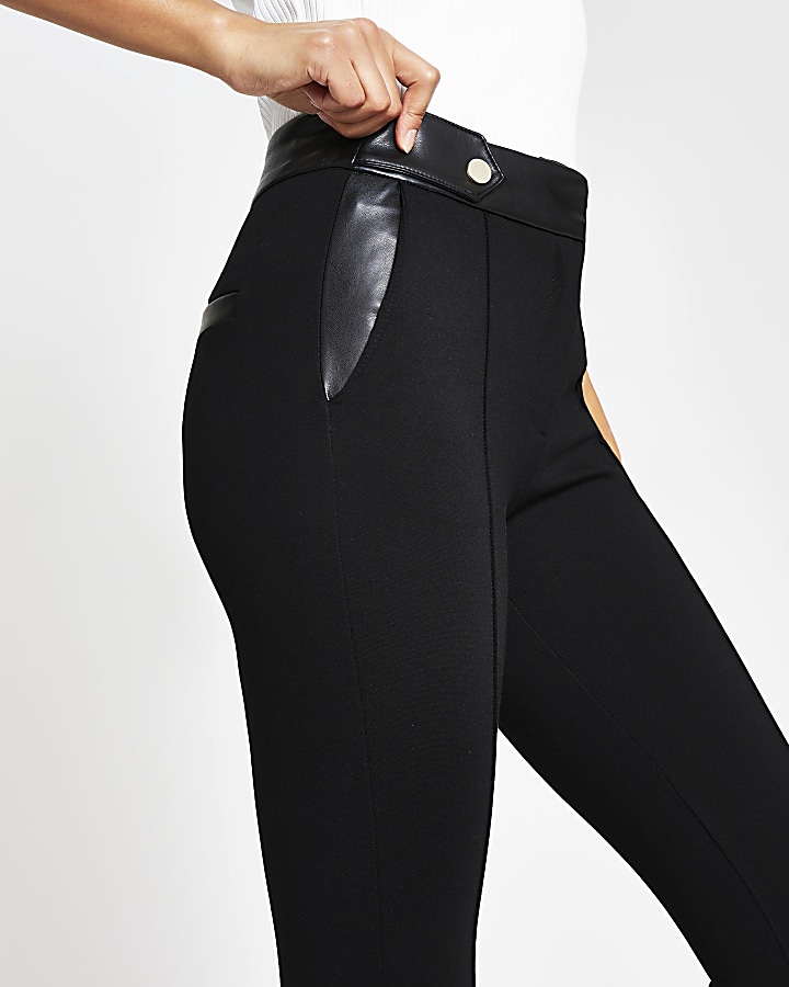 Black button tab skinny ponti trousers