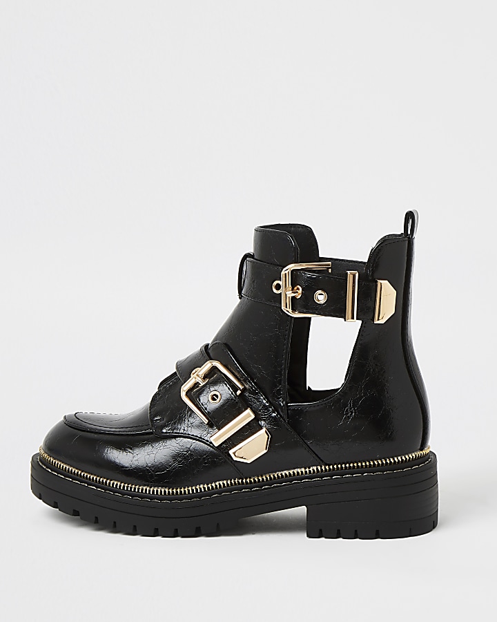 Black wide fit cut out chunky buckle boots