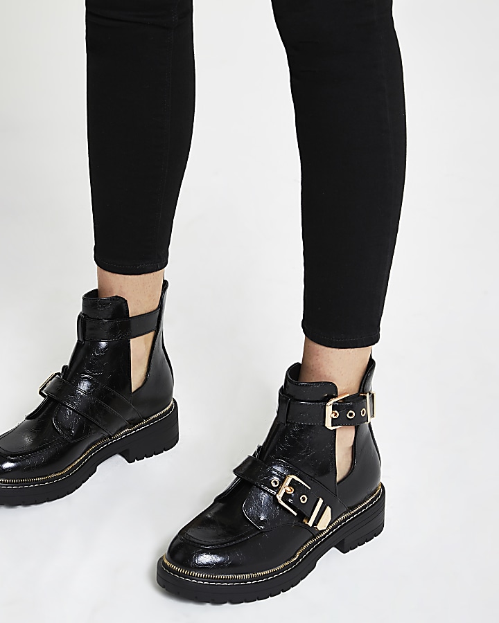 Black wide fit cut out chunky buckle boots