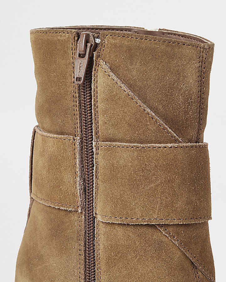 Rust suede buckle square toe boots