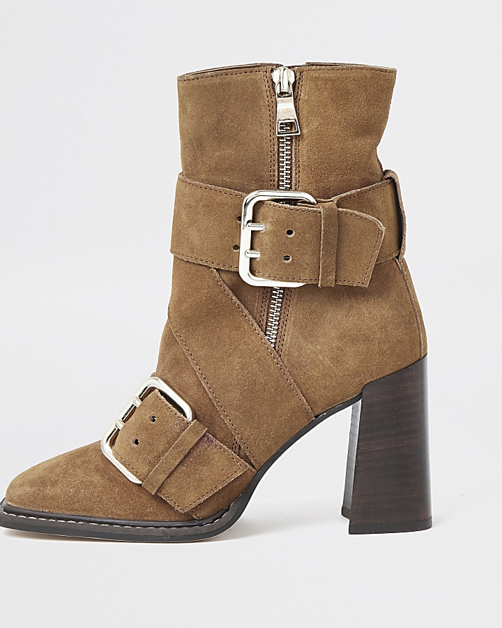 Rust suede buckle square toe boots