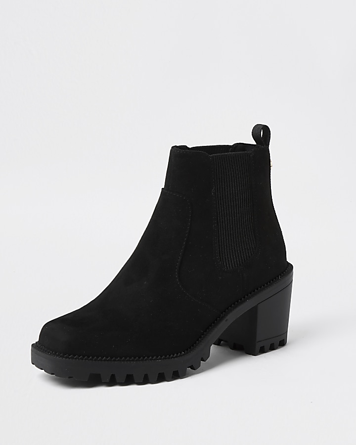 Black square toe block heel ankle boots