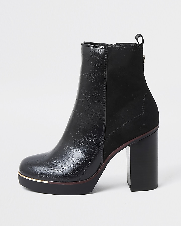 Black faux leather smart platform ankle boots