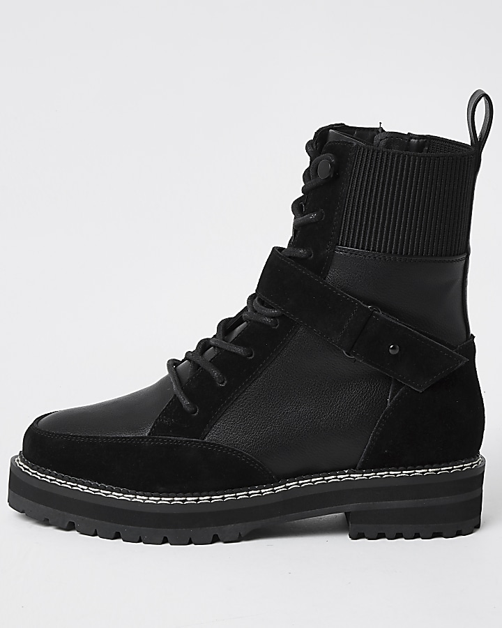 Black lace up faux leather hiker boots