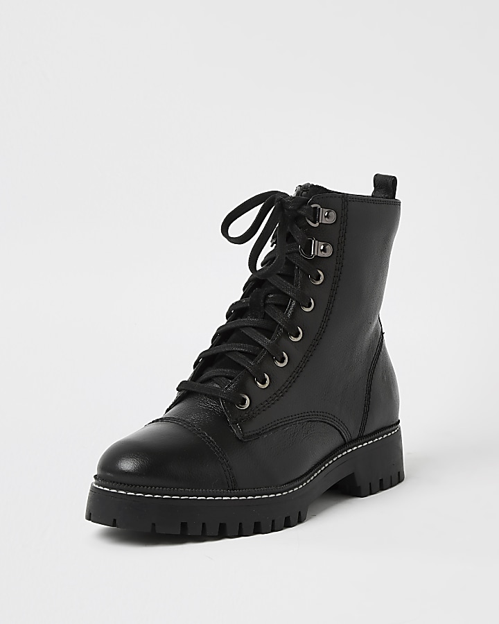 Black wide fit leather lace up hiker boots