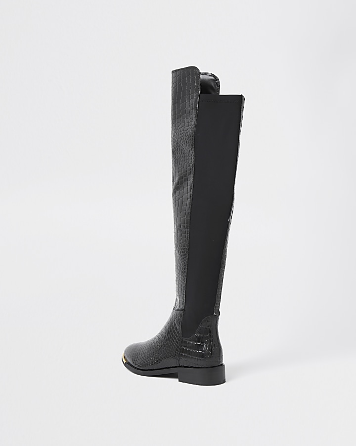 Black leather embossed knee high boots