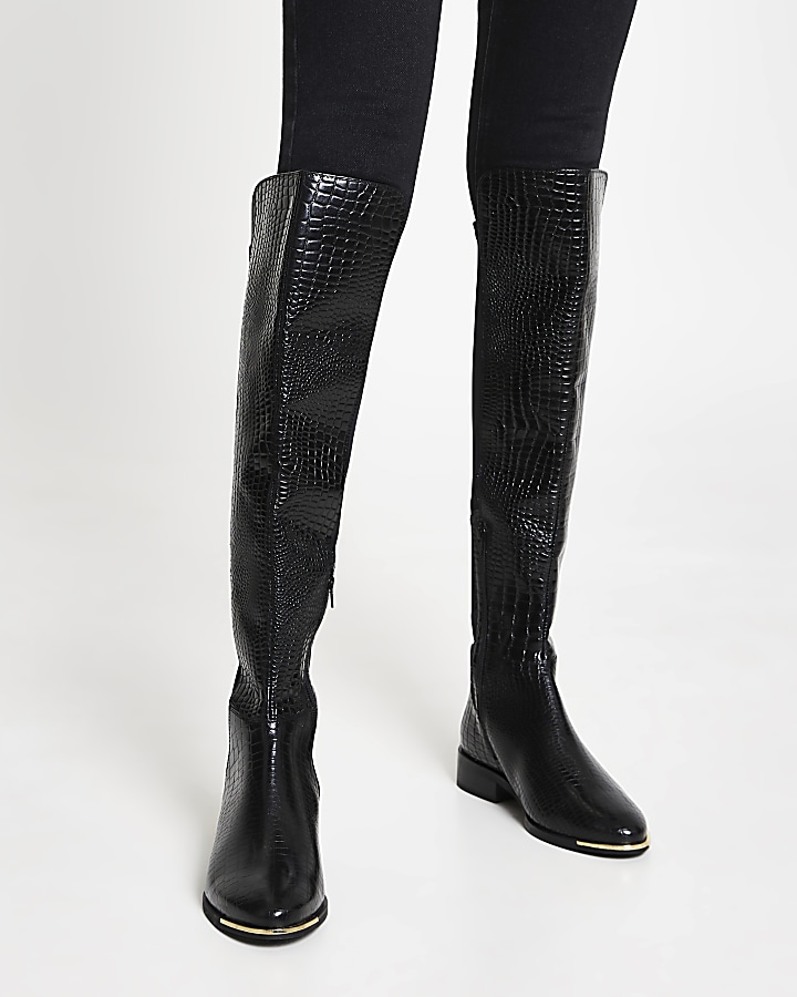 Black leather embossed knee high boots