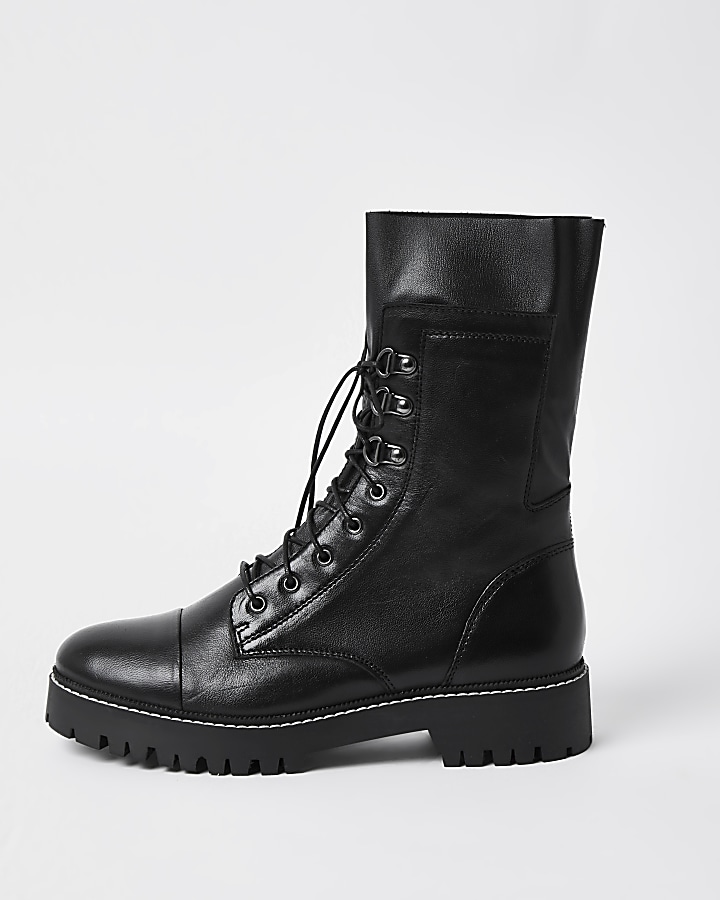 Black leather lace up boots
