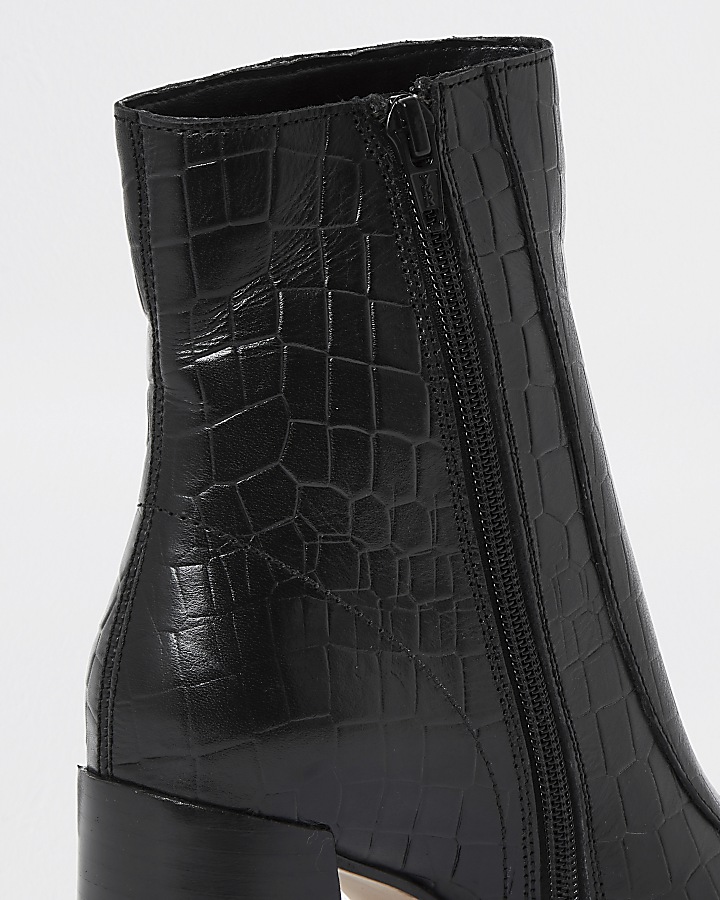 Black square toe leather ankle boots