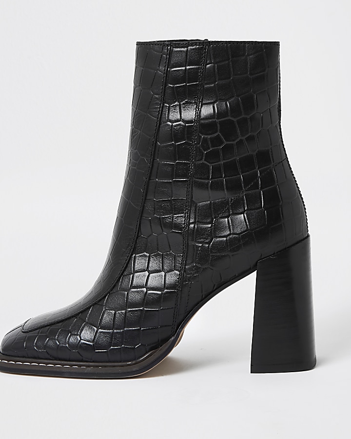 Black square toe leather ankle boots