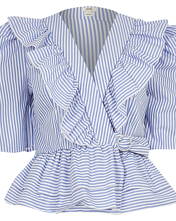 Blue stripe frill tie waist blouse
