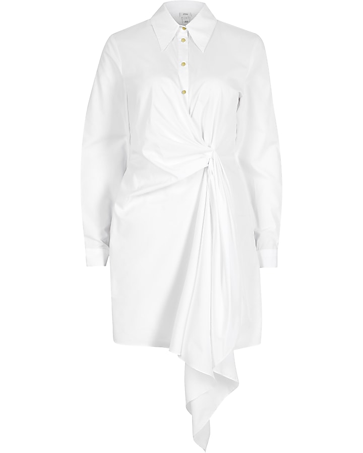White long sleeve twist front shirt dress
