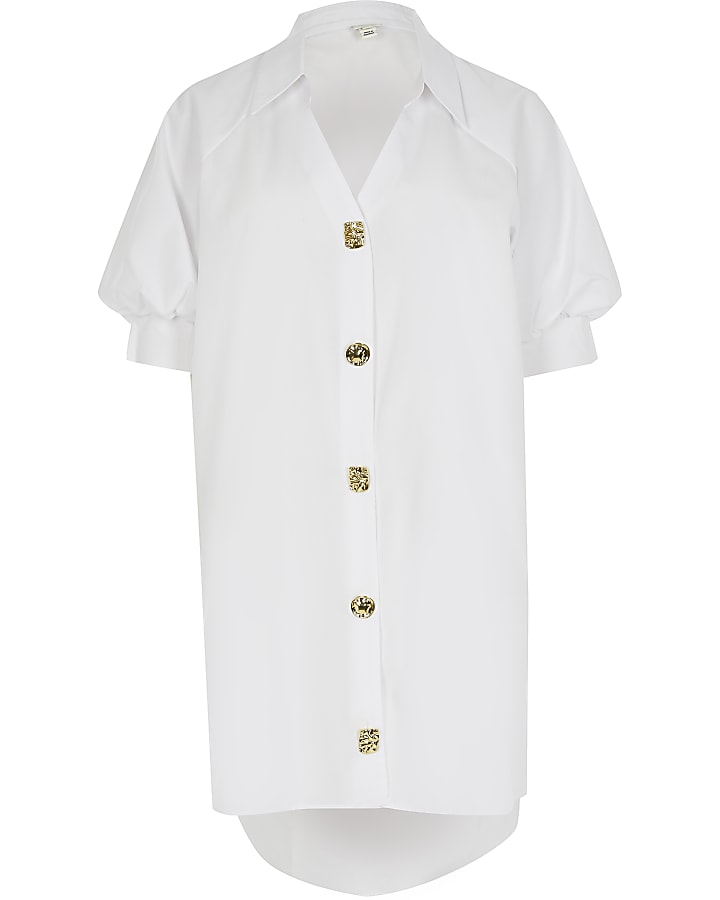 White short puff sleeve mini shirt dress