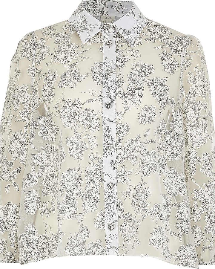 White floral organza long sleeve shirt