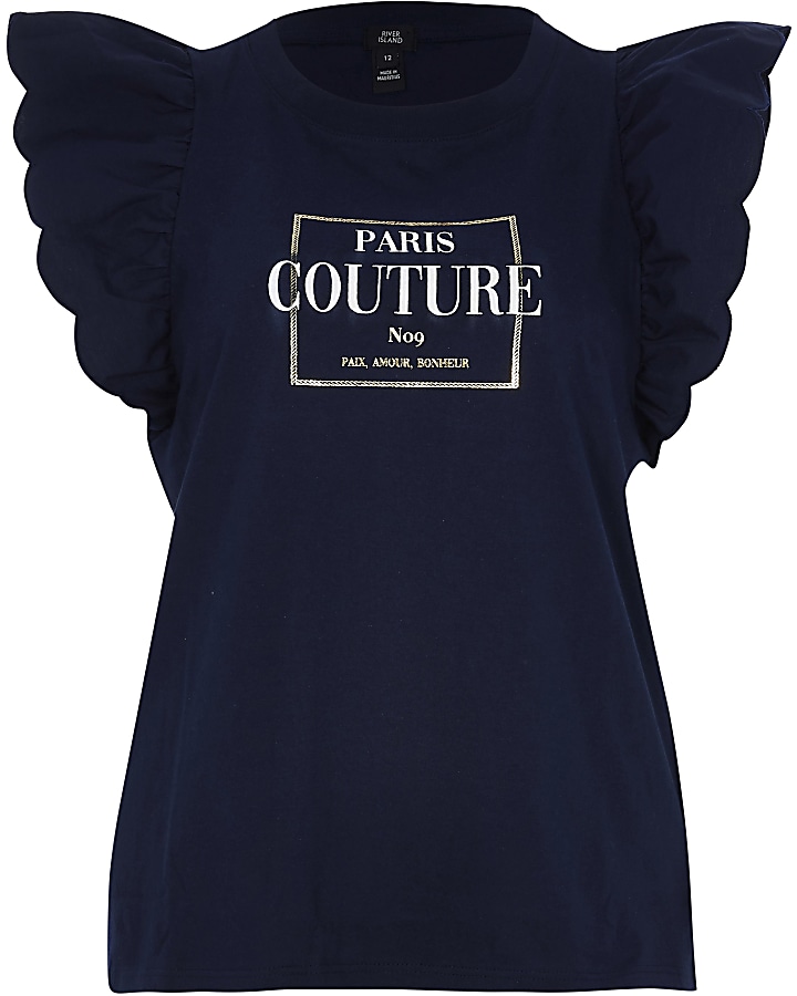 Navy 'Paris couture' print frill t-shirt