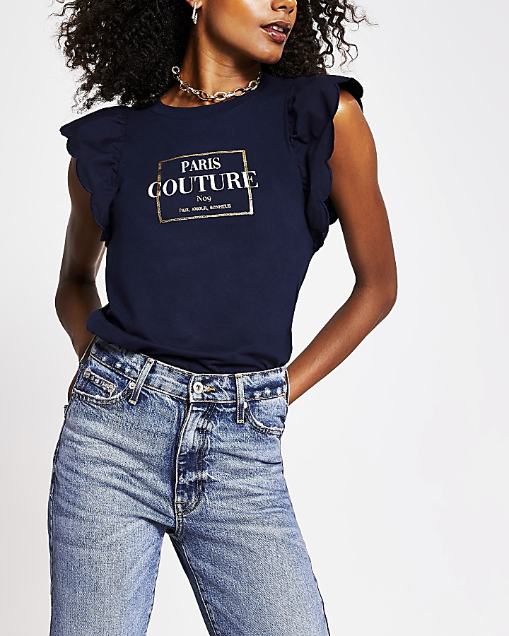 Navy 'Paris couture' print frill t-shirt