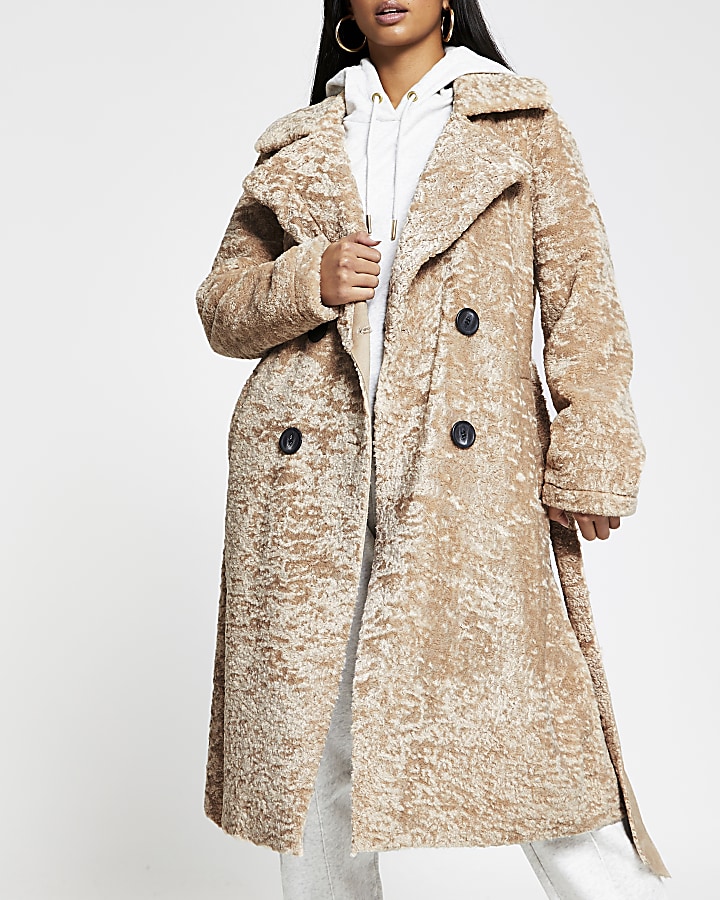 Petite beige shearling belted long line coat