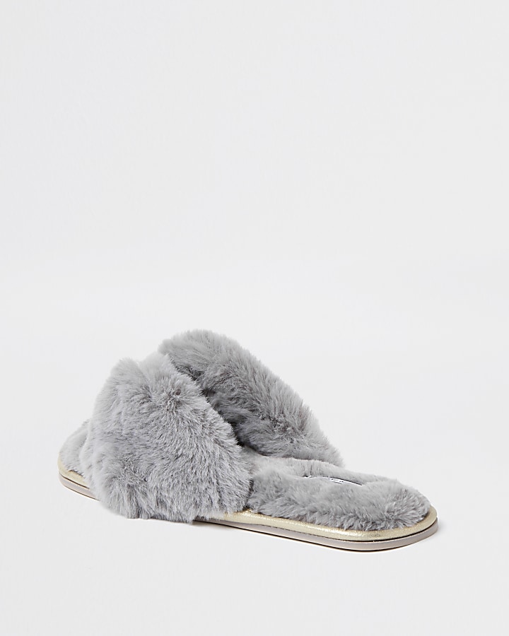 Grey bow faux fur slippers