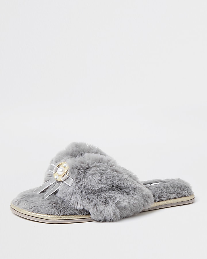 Grey bow faux fur slippers
