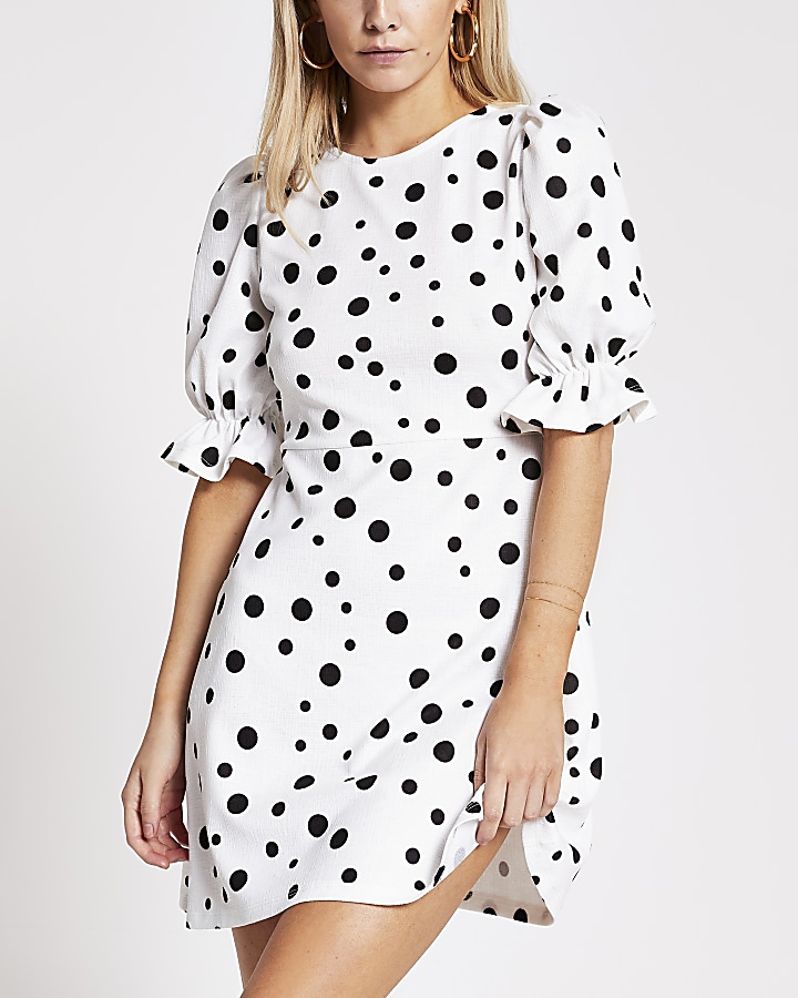 Petite white polka dot mini dress