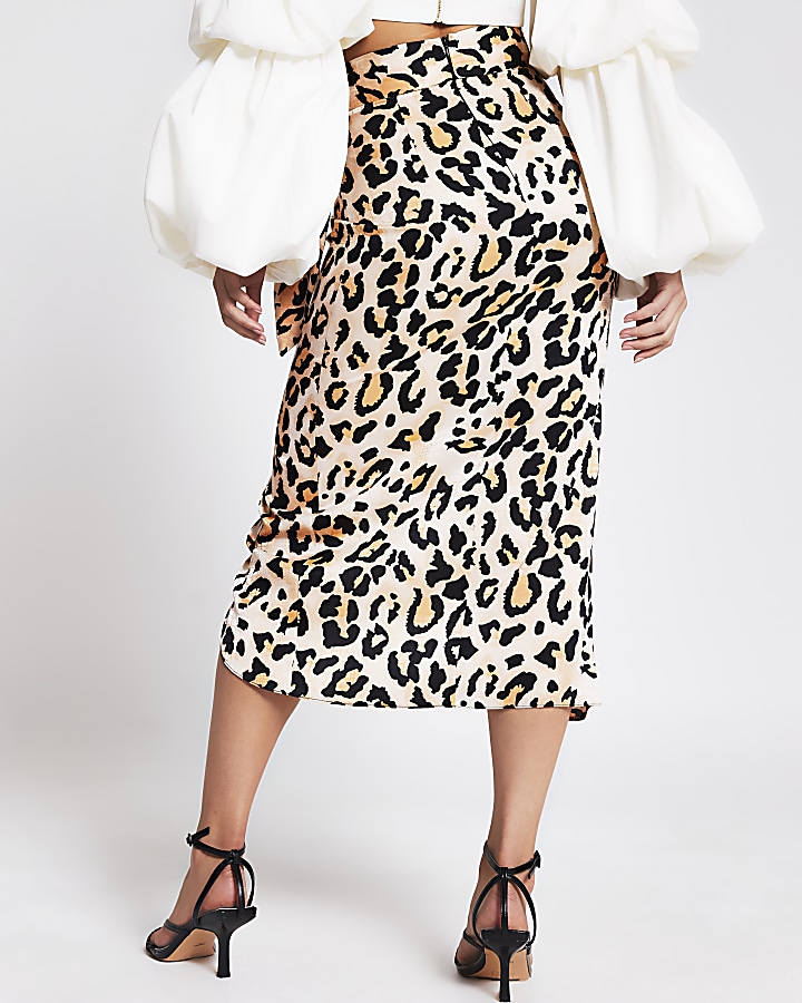 Brown leopard print buckle wrap midi skirt