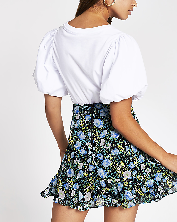 Blue floral chiffon rara mini skirt