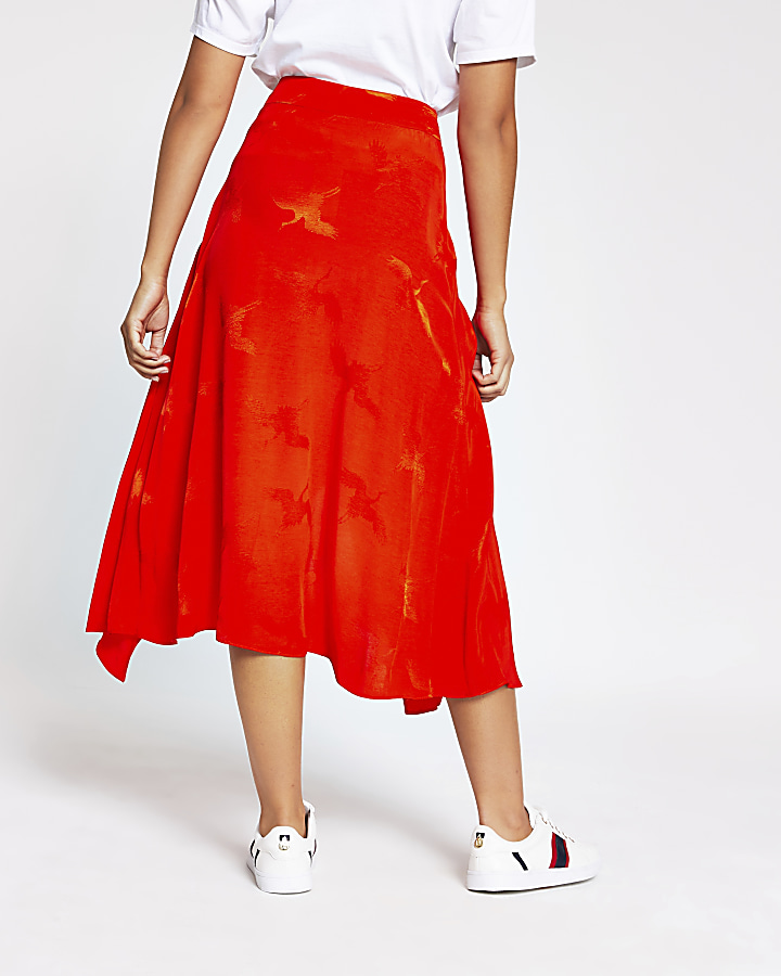 Orange asymmetric frill wrap midi skirt