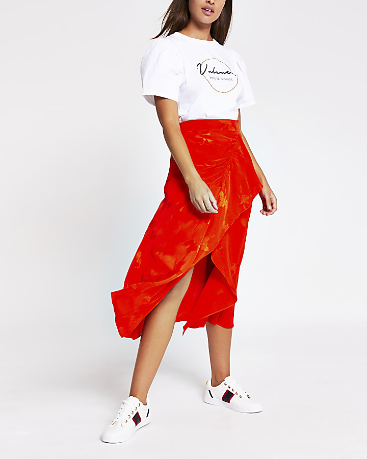 Orange asymmetric frill wrap midi skirt