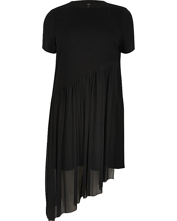 Plus black asymmetric mesh tea dress