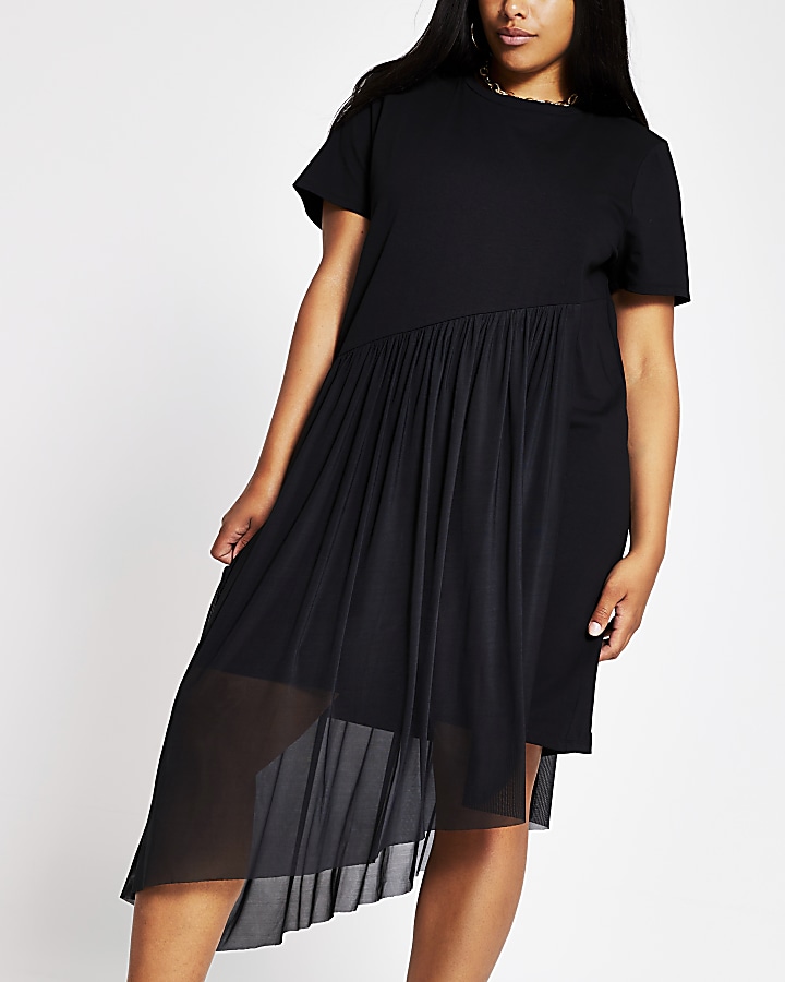 Plus black asymmetric mesh tea dress