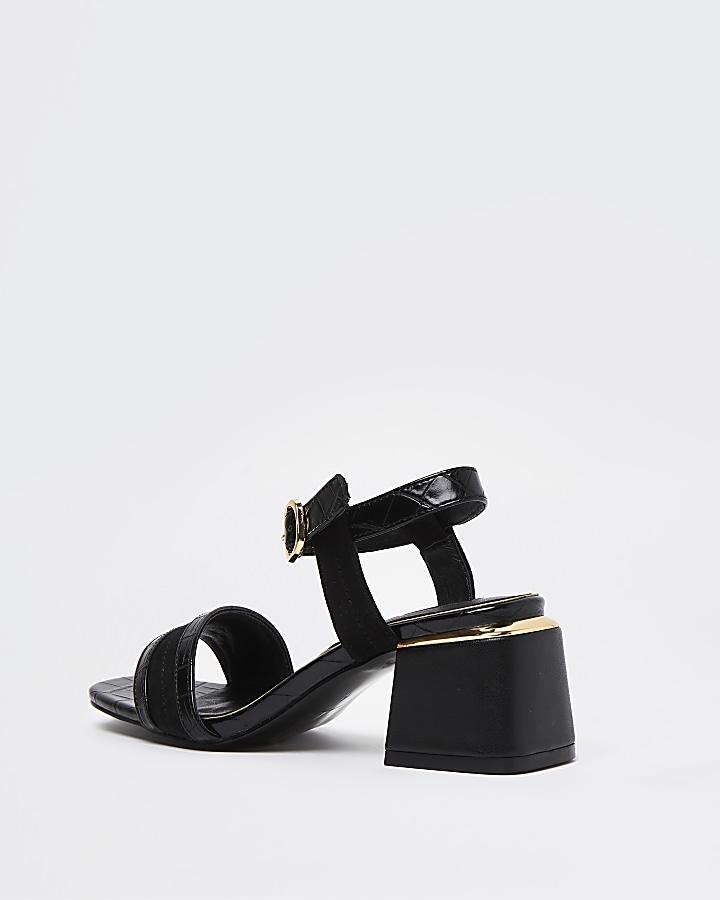 Black embossed block heel sandals