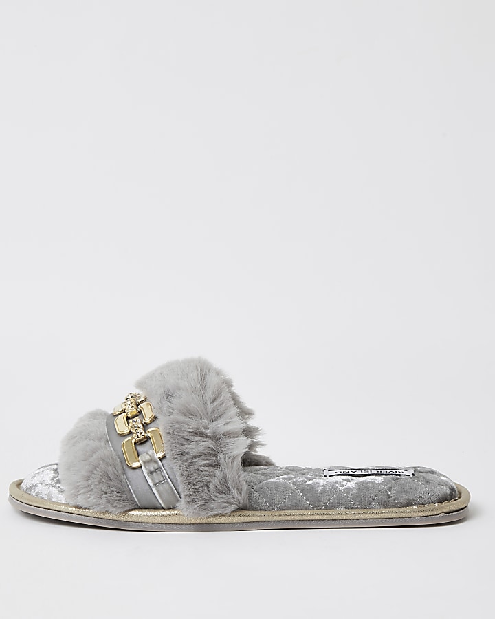 Grey faux fur open toe slippers