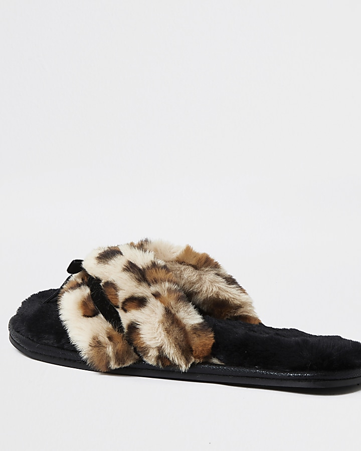 Brown animal print bow faux fur slippers