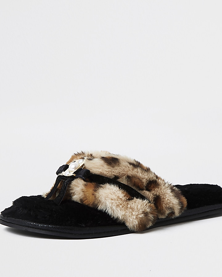Brown animal print bow faux fur slippers