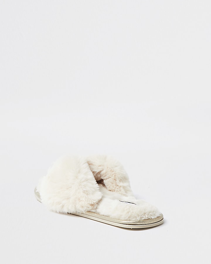 Cream bow faux fur slippers