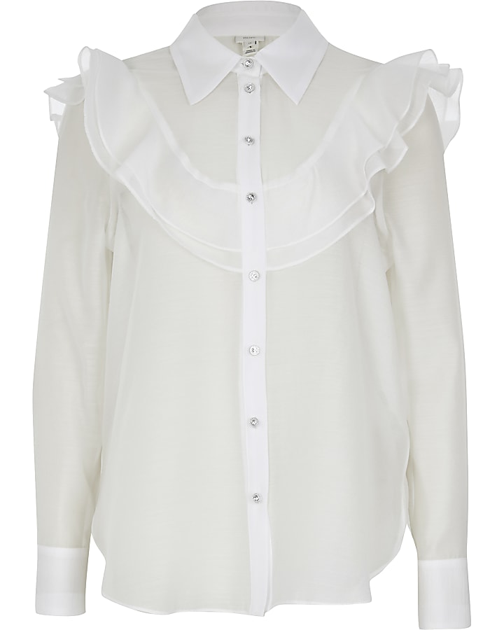 White long sleeve frill front shirt