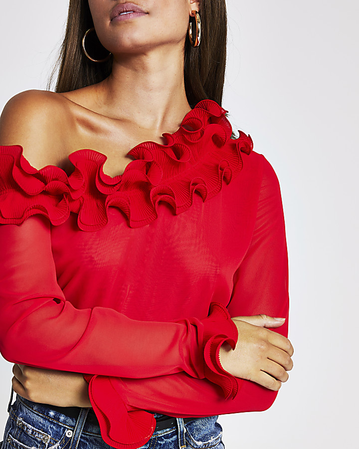 Red long sleeve one shoulder frill top