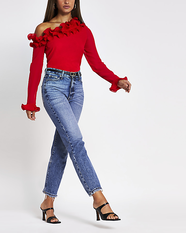 Red long sleeve one shoulder frill top